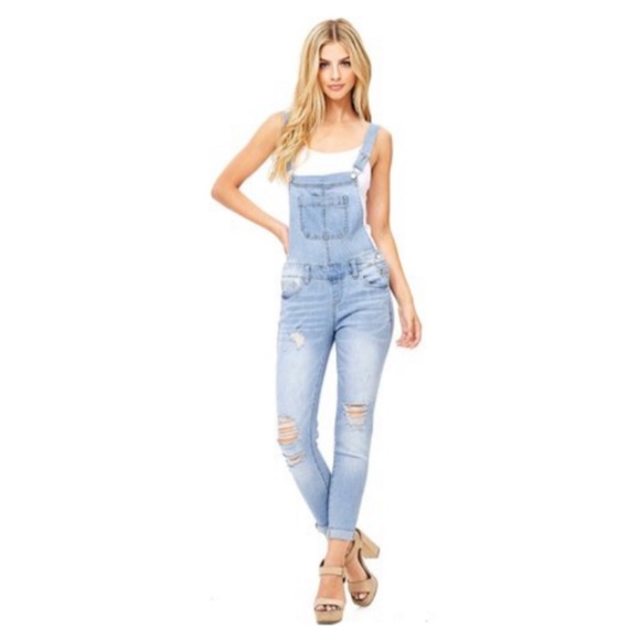 Wax Jeans Women's Juniors Ankle Length Skinny Leg Denim Overalls - Picture 2 of 15